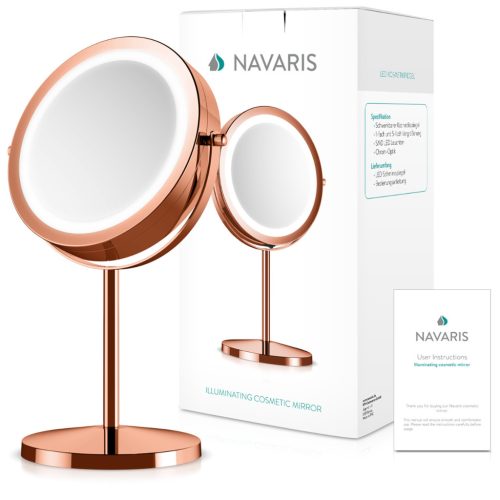 Oglinda cosmetica Navaris cu LED, marire 5x, 17 cm diametru, dubla fata, cupru, otel/sticla/cupru
