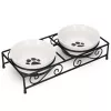 Set 2 Boluri din ceramica pentru caini si pisici Navaris cu suport metalic, 320 ml, 46947.1