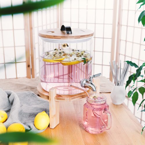 Dozator bauturi Navaris, din sticla borosilicata, 5L, robinet inox si suport din bambus, pentru bauturi calde si reci,Transparent