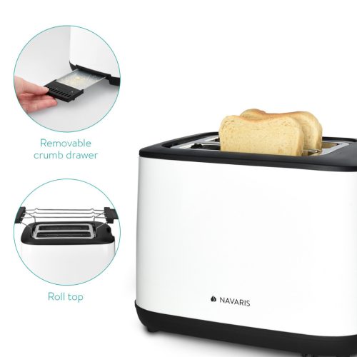 Toaster Navaris 2 felii, 1000W, reglaj rumenire, functie reincalzire, alb, plastic