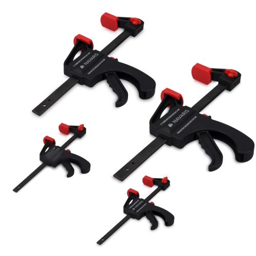 Set 4 cleme rapide Navaris, 15 cm + 10 cm, o mana, pentru lemn, atelier, negru, lemn/nylon/plastic/otel