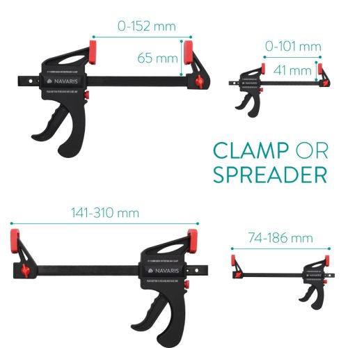 Set 4 cleme rapide Navaris, 15 cm + 10 cm, o mana, pentru lemn, atelier, negru, lemn/nylon/plastic/otel