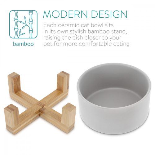 Set 2 Boluri pentru pisici si caini cu suport din bambus Navaris, 550 ml, Gri, 48350.1.22