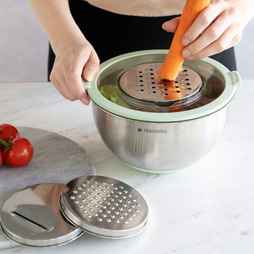 Set 2 boluri metalice multifunctionale cu capac Navaris, 20 cm si 24 cm, 3 razatori, Antiderapant, Inox, Argintiu/Verde, 49210.02.71