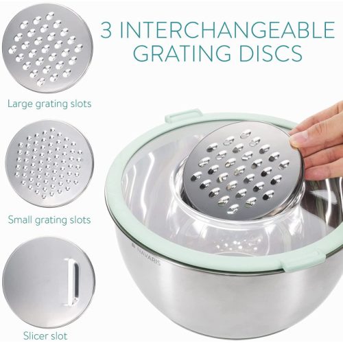 Set 2 boluri metalice multifunctionale cu capac Navaris, 20 cm si 24 cm, 3 razatori, Antiderapant, Inox, Argintiu/Verde, 49210.02.71