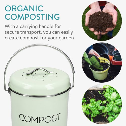Cos de compost Navaris, 3 L, cu maner si 3 filtre carbon, pentru bucatarie, verde menta, verde, metal