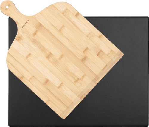 Set Piatra pizza smaltuita 30x38cm si lopata pizza din bambus, Navaris, Negru/Bej, 51246.01.02