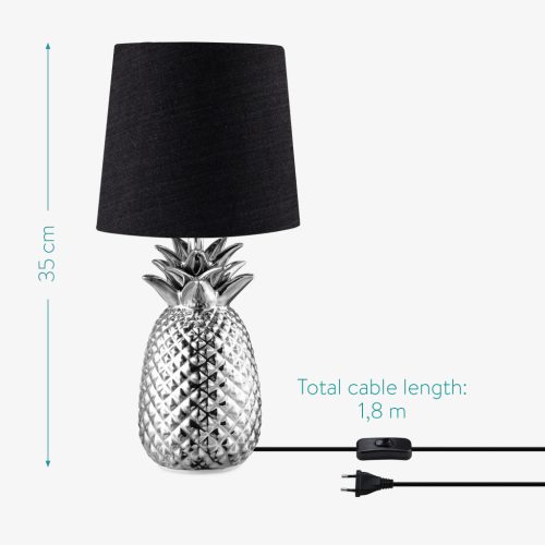 Lampa de masa Navaris, design ananas, 35 cm, abajur opac, E27, negru/argintiu, ceramica/metal