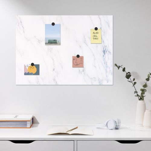 Tabla magnetica Navaris, 70x50 cm, design marmura alba, pentru note, marker si magneti, alb, MDF