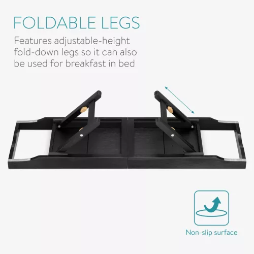 Suport baie extensibil Navaris, 75-108 cm, stand tableta si pahar, lemn de fag, negru, lemn