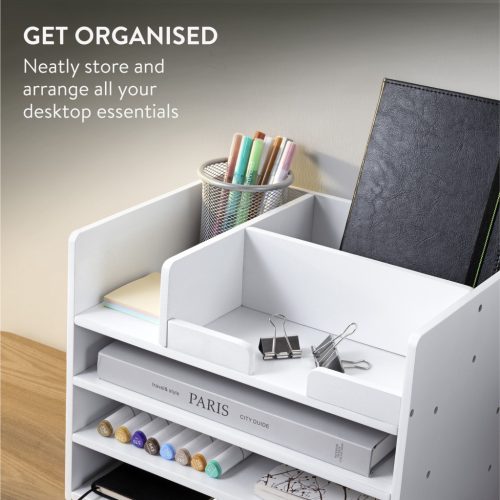 Organizator birou cu sertare Navaris, 33x24x26 cm, auto-asamblare, alb, bambus
