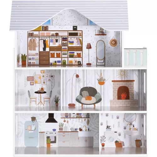 Casa de papusi din lemn Navaris, cu 3 etaje, cu mobilier si accesorii, 5 camere si balcon, 69.5x62x27 cm, 55376.01