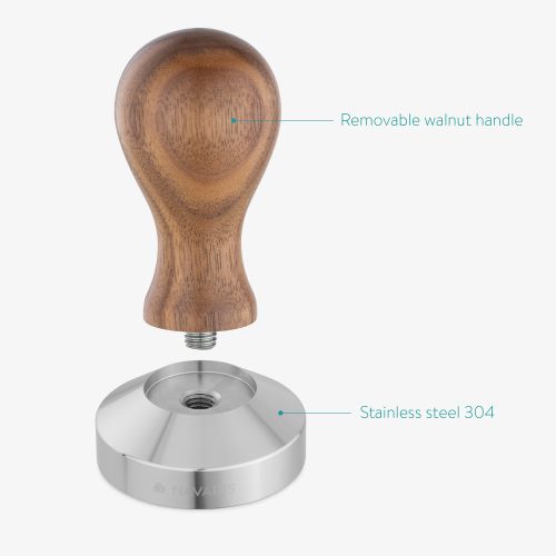 Tamper din otel inoxidabil cu maner din lemn de nuc Navaris, 51 mm, Covoras, 53238.01.03