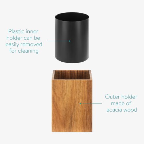 Set perie WC cu suport Navaris, lemn acacia, maner metal, 9x9x35.5 cm, maro natural, maro, lemn/metal