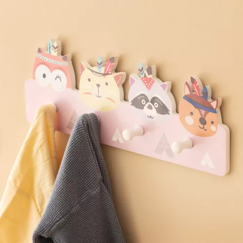 Cuier perete copii Navaris, 4 carlige, design animale, 40x14.8x0.9 cm, multicolor, lemn