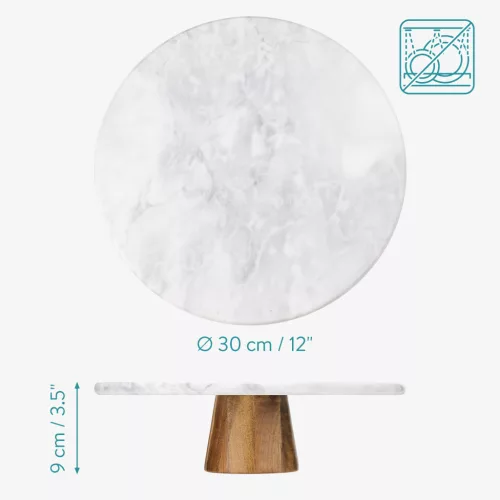 Suport tort rotativ Navaris, 30 cm, baza lemn acacia, decorare si servire, marmura/lemn, alb, lemn