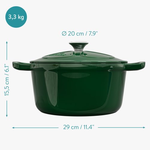 Oala fonta Navaris, 20 cm, emailata, verde, 2.5L, cu capac, pentru cuptor si plita, 58000.01.80