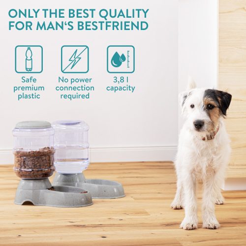Set 1x Dispenser automat mancare si 1x Dispenser automat apa pentru Caini/Pisici, Gri, 3,8l, 48332.19