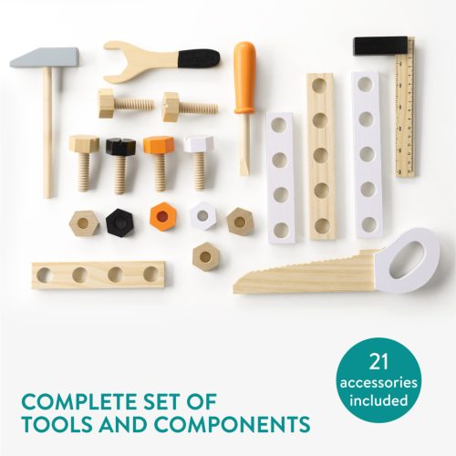 Banc de lucru din lemn pentru copii Navaris, 49x45x29, 5 cm, cu unelte incluse, maro, lemn/MDF