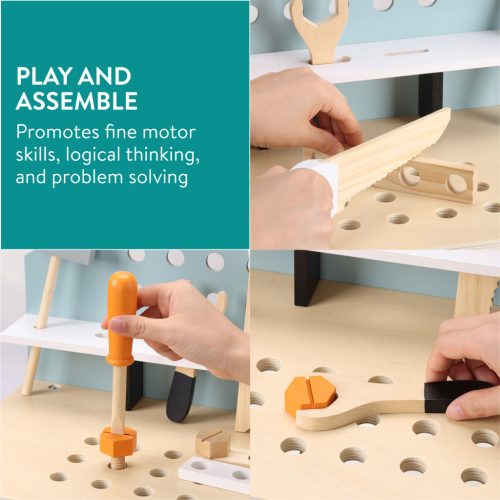 Banc de lucru din lemn pentru copii Navaris, 49x45x29, 5 cm, cu unelte incluse, maro, lemn/MDF