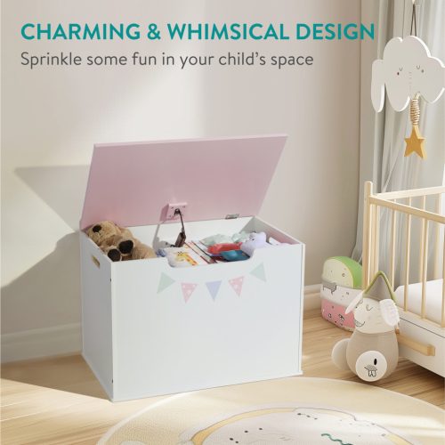 Cutie depozitare jucarii Navaris, 60x41x39 cm, banca pentru sezut, inchidere soft, roz, MDF