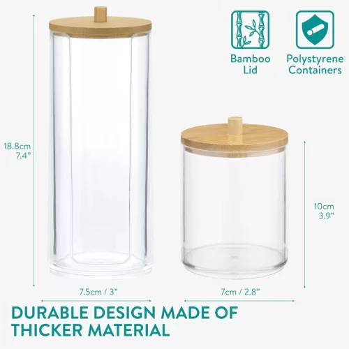 Organizator cosmetice, dischete demachiante si betisoare urechi, transparent, 2 compartimente, plastic/bambus, Navaris, 59140.03