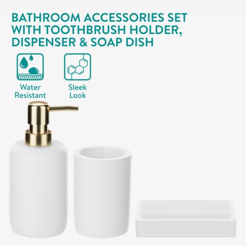 Set accesorii baie Navaris, 3 piese, suport periute, dozator si savoniera, polirasina, alb, rasina