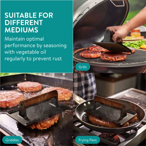 Presa burger Navaris dreptunghiulara, 21x11x6.5 cm, maner din lemn, grill & bacon press, negru, lemn