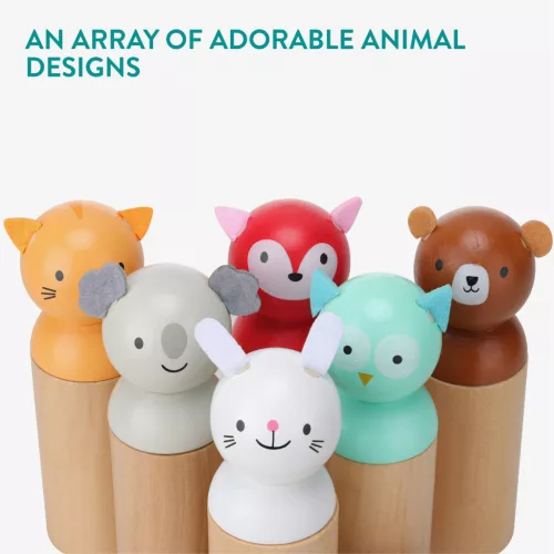 Set bowling animale din lemn Navaris, 6 popice + bila, 13.6x4 cm, geanta textila, multicolor, lemn