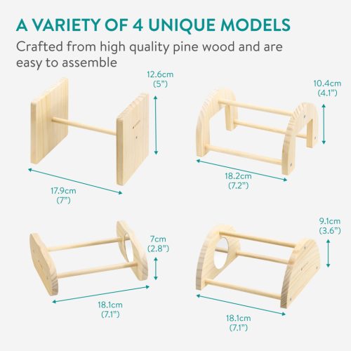 Set 4 suporturi joaca pasari Navaris, cu oglinzi, 18/16.8/14.5/12.7 cm, maro, lemn