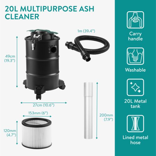 Aspirator pentru cenusa Navaris, cu roti, 20 L, 1000 W, filtru HEPA, 27x27x49 cm, negru, otel