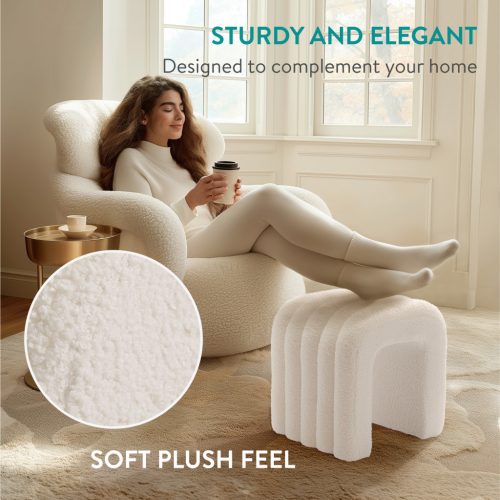 Taburet Boucle Navaris, 41x35x43 cm, scaunel pufos, design versatil, crem/alb, MDF/lemn