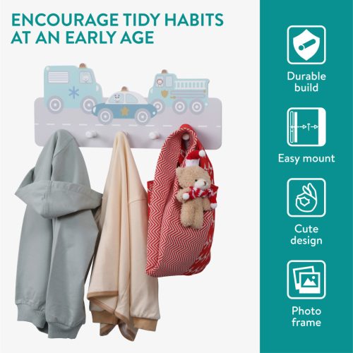 Cuier perete copii Navaris, tematica masini, 5 agatatori, 43x18.5x4 cm, multicolor, MDF