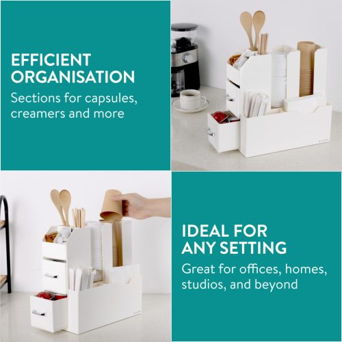 Organizator accesorii cafea Navaris, cu sertare, 31.5x13.7x28.7 cm, alb, plastic