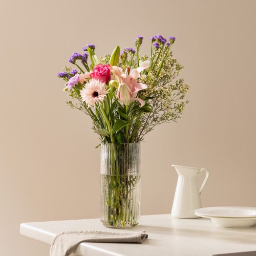 Vaza ribbed Navaris, 11.5x25 cm, transparenta, cilindrica, pentru flori si buchete, transparent, sticla