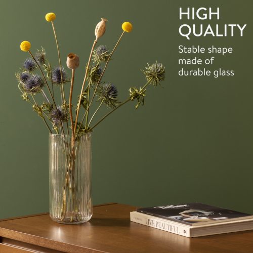 Vaza ribbed Navaris, 11.5x25 cm, transparenta, cilindrica, pentru flori si buchete, transparent, sticla