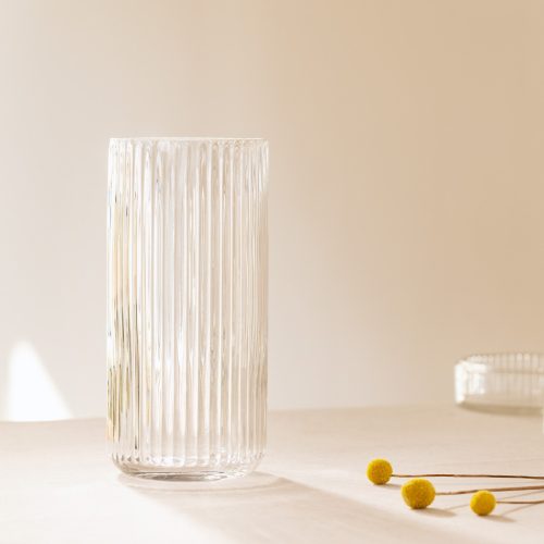 Vaza ribbed Navaris, 11.5x25 cm, transparenta, cilindrica, pentru flori si buchete, transparent, sticla