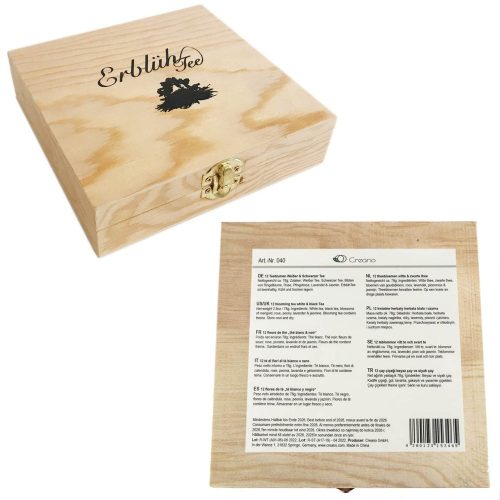 Set cadou Creano ErbluhTee in cutie de lemn cu inchidere magnetica, 12 bile ceai infloritor, 9 varietati