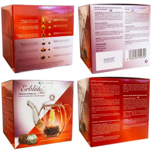 Set cadou ceai infloritor Creano ErbluhTee, 6 sfere, ceai alb/negru, ceainic 500 ml