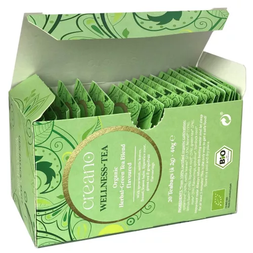 Ceai bio Creano Wellness Tea, ceai verde cu plante, aroma grapefruit, set 20 plicuri