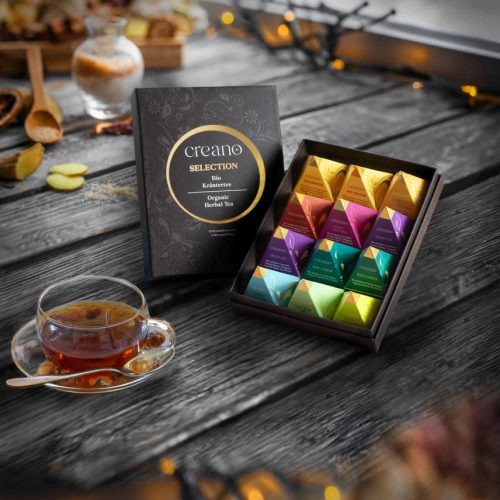 Set cadou ceai bio Creano Organic Herbal Tea, 12 plicuri piramida, 9 sortimente, 30 g