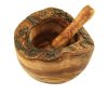 Mojar rustic din lemn de maslin cu pistil, diametru 12 cm, inaltime 9-11 cm