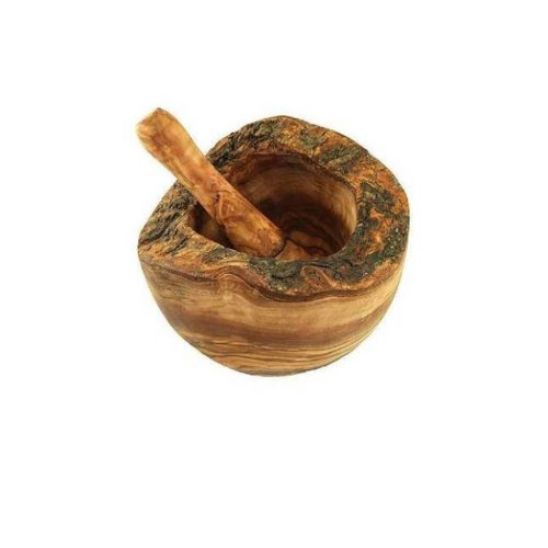 Mojar rustic din lemn de maslin cu pistil, diametru 12 cm, inaltime 9-11 cm