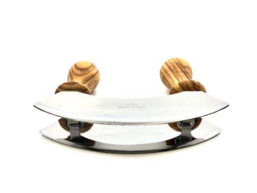 Cutit mezzaluna pentru tocat, manere din lemn de maslin, lama dubla din inox, latime 13 cm