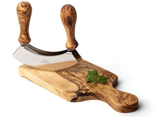 Cutit mezzaluna pentru tocat, manere din lemn de maslin, lama dubla din inox, latime 13 cm